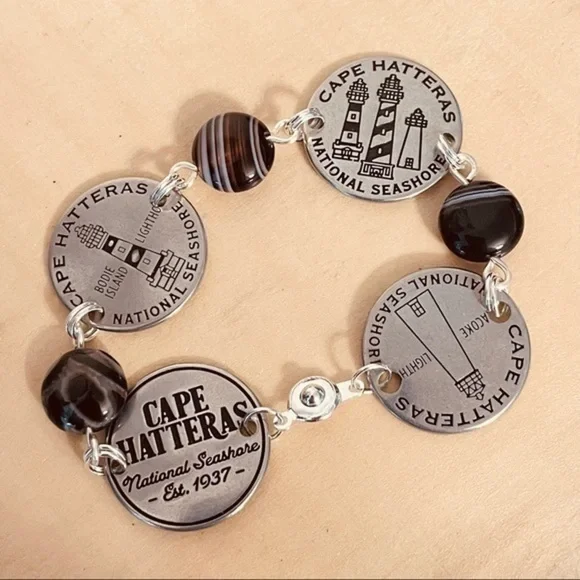 Mixed Metal Lighthouse Black Agate Statement Bracelet 7.5β Travel Vacation - Picture 8 of 8